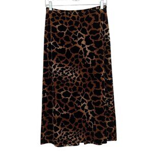 Vintage Clio Animal Print Midi Velour Skirt Womens Size 4 Brown Stretch 27 Waist